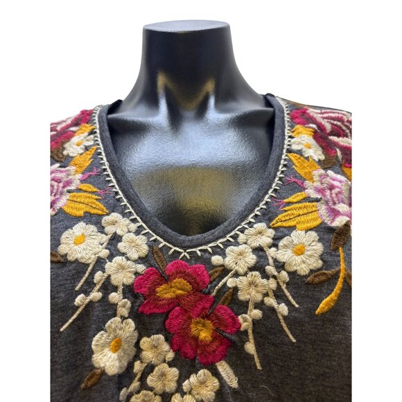 Johnny Was Embroidered Floral V-Neck Long Sleeve Gray Shirt M - Picture 5 of 6